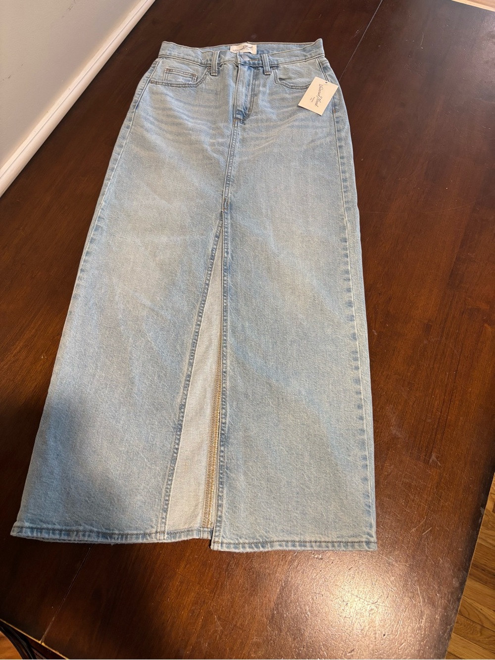 Women’s Light Wash Denim Maxi Skirt with Front Slit